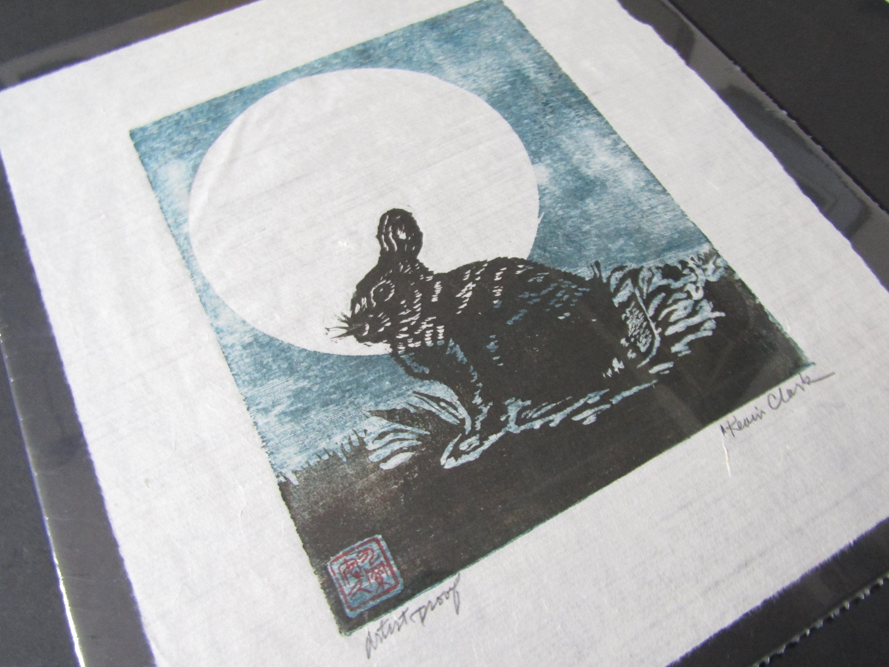 うさぎの月、ウサギの手彫り木版画、和紙、サイン入りプルーフ - Etsy 日本