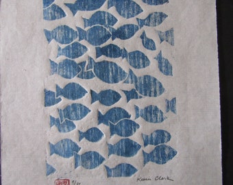 Ocean fish school original hand carved woodblock print Moku Hanga Japanese washi paper signed Clark