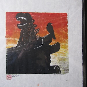 Monster and the Crow, Temple Kaiju dinosaur original hand carved woodblock print Moku Hanga Japanese washi paper signed Kevin Clark