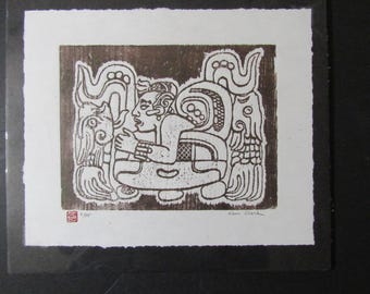 Mayan Glyph Copan Honduras woodcut grabado engraving carved woodblock print Japanese moku hanga washi paper signed Kevin Clark