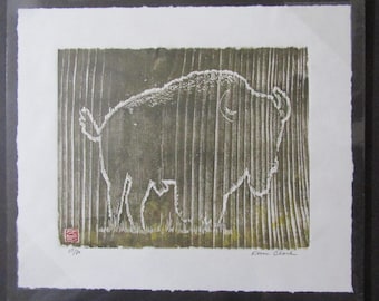 Bisonte americano, grabado original en madera tallado a mano en papel washi japonés Moku Hanga, firmado por Kevin Clark.