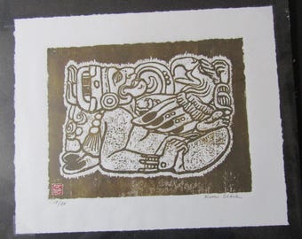 Mayan Glyph Copan hand carved woodcut grabado woodblock print Japanese moku hanga washi paper signed Kevin Clark