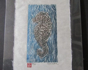 Ocean Seahorse sea dragon hand carved woodcut, woodblock print Japanese moku hanga washi paper signed Clark
