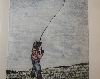 Boy & Kite Tako-age hand carved woodblock print Japanese washi paper signed Kevin Clark