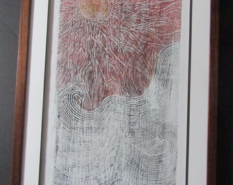 Sun & Water OVERSIZE hand carved woodcut solid woodblock print Moku Hanga Japanese washi paper signed Clark CUSTOM FRAMED