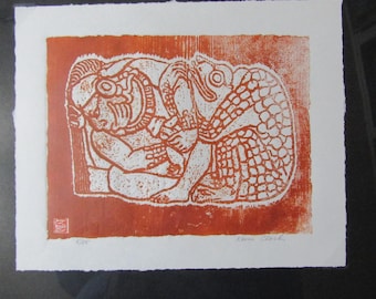 Mayan Glyph Copan Honduras woodcut grabado engraving carved woodblock print Japanese moku hanga washi paper signed Kevin Clark