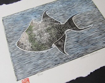 Ocean Sea Trigger Fish Kawahagi Hand Carved Woodcut Woodblock