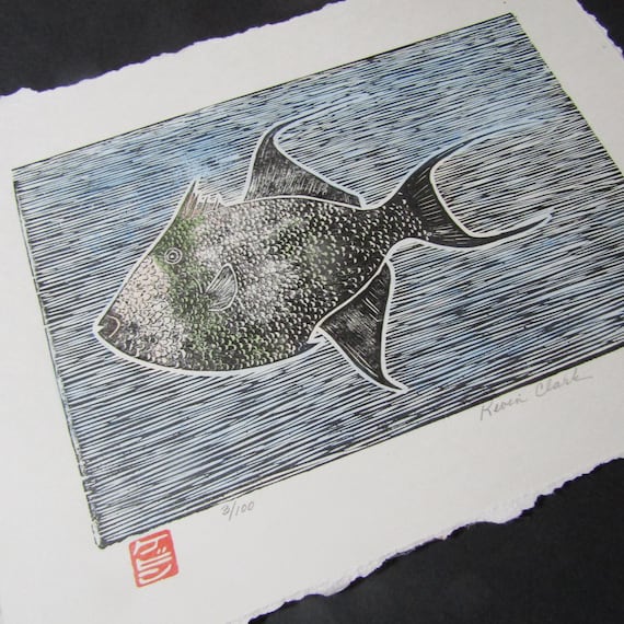 Ocean Sea Trigger Fish Kawahagi Hand Carved Woodcut Woodblock