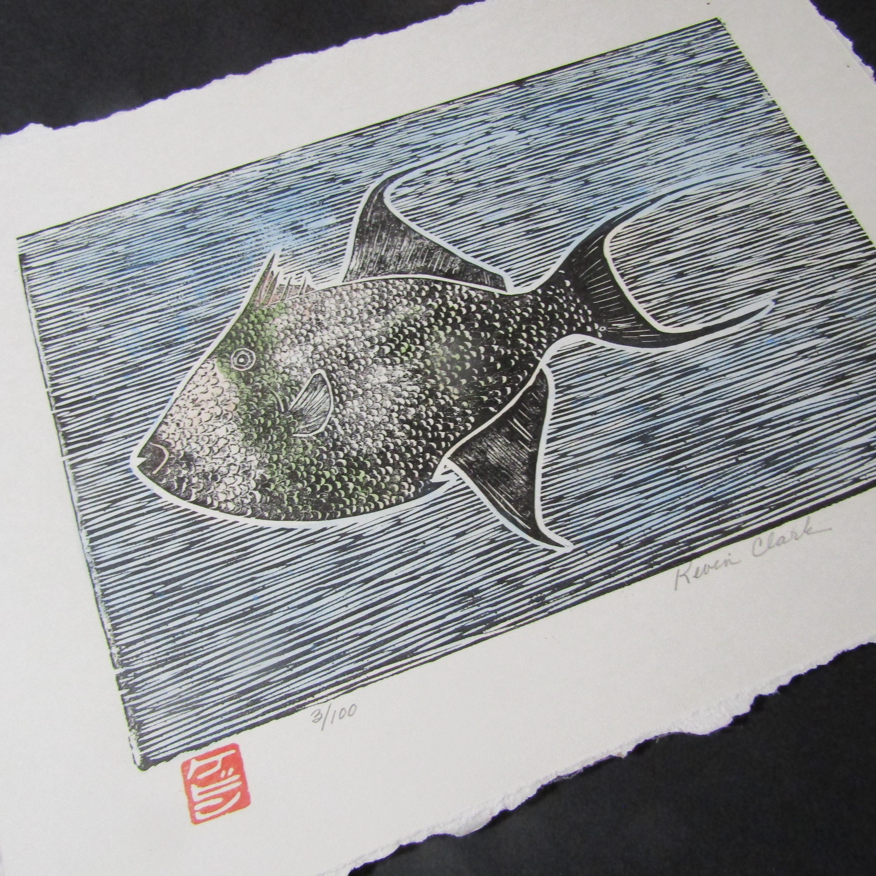 ★魚顔!油絵/吉田　誠　４３X55センチ Ocean Sea Trigger Fish Kawahagi Hand Carved Woodcut Woodblock