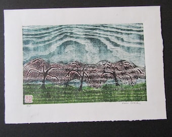 Cherry Blossom Tree Orchard Grove met de hand gesneden moderne houtsnededruk Japans washipapier, gesigneerd Clark