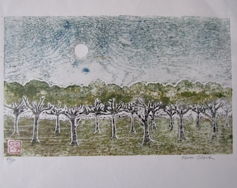 Fruit Tree Orchard Grove hand carved woodblock print Japanese washi paper signed Kevin Clark