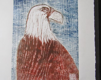 アメリカのハクトウワシの鳥、手彫りの木版画、木版画、日本の木版画