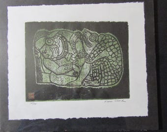 Mayan Glyph Copan Honduras woodcut grabado engraving carved woodblock print Japanese moku hanga washi paper signed Kevin Clark