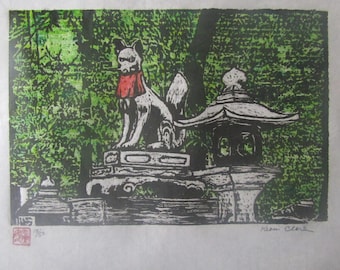 Guardian Fox lantern Fushimi Inari Kyoto hand carved woodcut, woodblock print Japanese moku hanga washi paper signed Kevin Clark