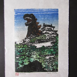 Kaiju Himeji Castle godzilla-like monster dinosaur hand carved woodblock print Japanese washi paper signed Clark
