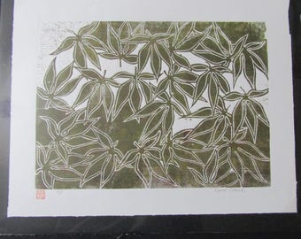 Japanese Maple tree leaf hand carved woodcut woodblock print Moku Hanga signed Kevin Clark