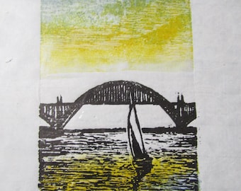 Sailboat Harbor Woodblock print Engraving Moku Hanga Japanese Washi signed Clark