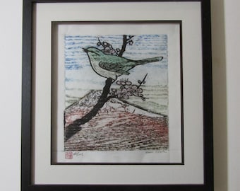 Spring Song Warbler bird Plum Blossom Red Fuji Mountain hand carved woodblock print Japanese Moku Hanga signed Clark AP CUSTOM FRAMED