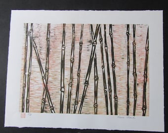Bamboo tree forest hand carved woodcut woodblock print Japanese moku hanga washi paper signed Kevin Clark