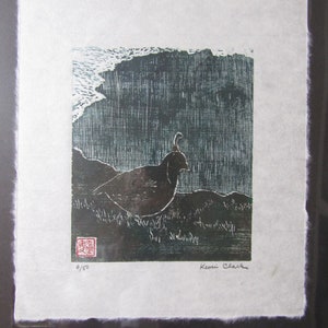 California Quail bird hand carved woodblock print Japanese Moku Hanga Banhua signed Clark