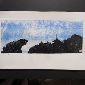 Temple Kaiju Cliff Coast Sea Monster godzilla-like original hand carved woodblock print Moku Hanga Japanese washi paper signed Clark