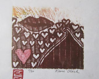 Chocolate Kiss Valentine heart Love hand carved woodcut modernist woodblock print Japanese moku hanga washi paper signed Clark