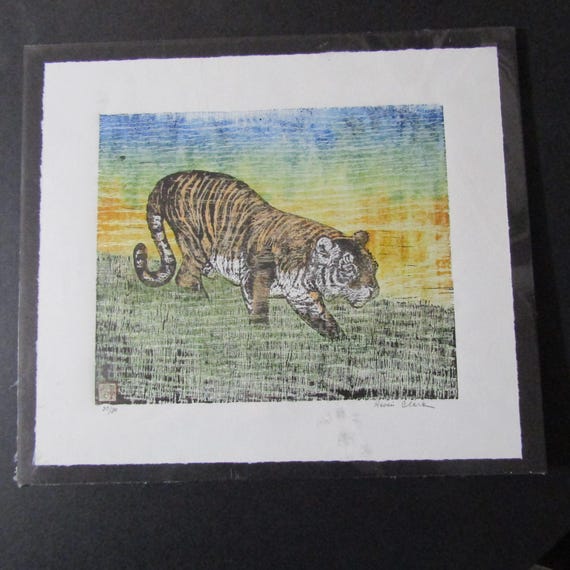 Tiger Cat Neko Tora Original Hand Carved Woodcut Woodblock Print