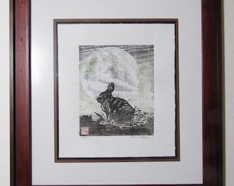 Rabbit Moon, Bunny Hare hand carved woodblock print Japanese washi paper signed, custom framed