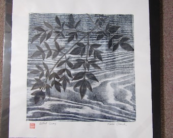 Japanese Nandina Branch tree hand carved woodcut woodblock print moku hanga signed Kevin Clark