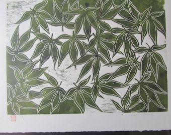 Japanese Maple Tree leaf hand carved woodcut woodblock print Moku Hanga signed Kevin Clark