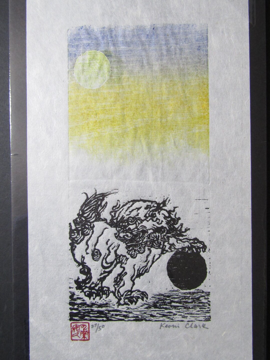 Temple Fu Dog Lion Woodblock Print Engraving Chinese Banhua Moku