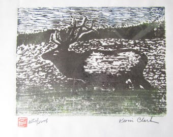 Elk Deer Caribou original hand carved woodblock print woodcut Japanese moku hanga washi paper signed Kevin Clark
