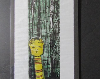 Kokeshi Doll Bamboo Tree forest hand carved woodblock print woodcut Japanese Moku Hanga signed Clark