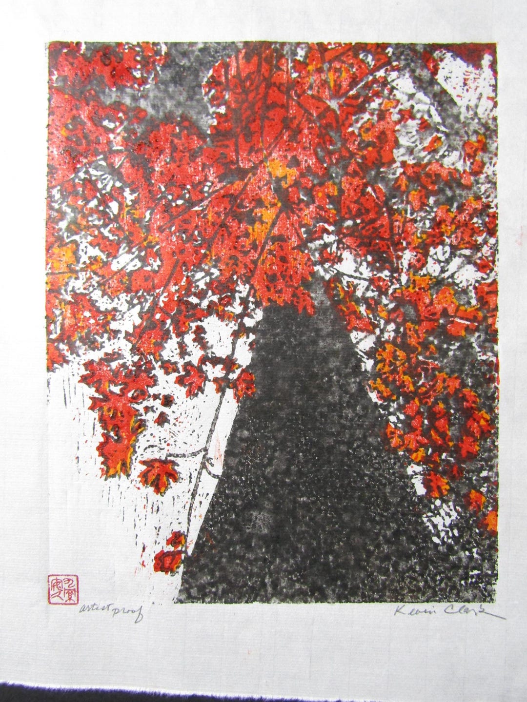 Up A Maple Tree Original Hand Carved Woodblock Print Japanese Moku