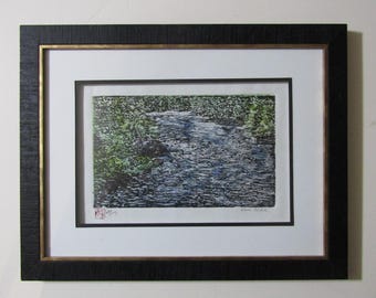 Forest River stream creek Landscape woodcut woodblock print grabado Japanese Moku Hanga signed Clark CUSTOM FRAMED