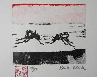 Two Mosquito bugs "Ka" hand carved woodblock print  Japanese Moku Hanga Banhua signed Clark