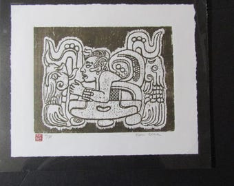 Mayan Glyph Copan Honduras woodcut grabado engraving carved woodblock print Japanese moku hanga washi paper signed Kevin Clark