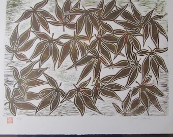 Japanese Maple tree leaf hand carved woodcut woodblock print Moku Hanga signed Kevin Clark