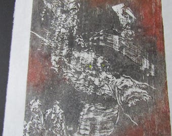 Smiling Dragon Wood Ryu liu LARGE hand carved woodblock print woodcut kaiju Japanese moku hanga washi paper signed Clark
