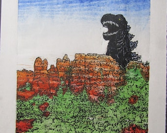 Red Canyon Kaiju monster dinosaur hand carved woodblock print Japanese moku hanga pencil signed