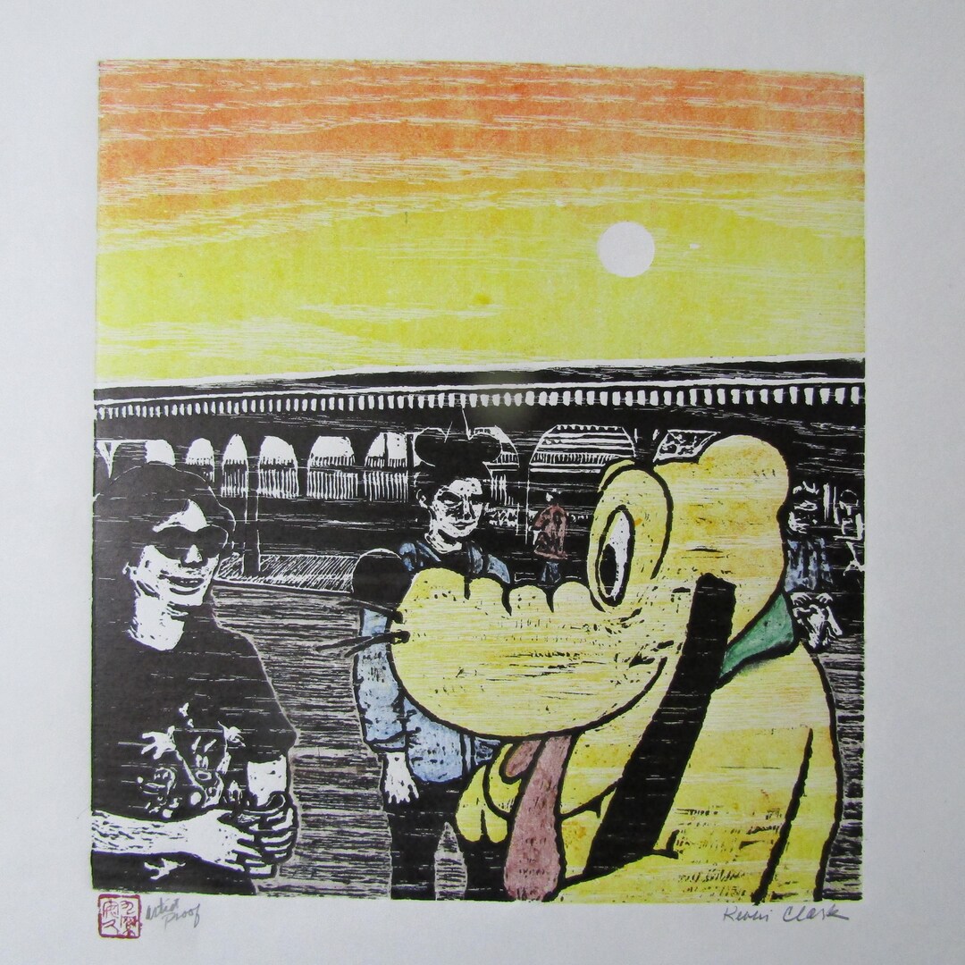 Meeting Pluto Dog Hand Carved Original Woodblock Print Japanese