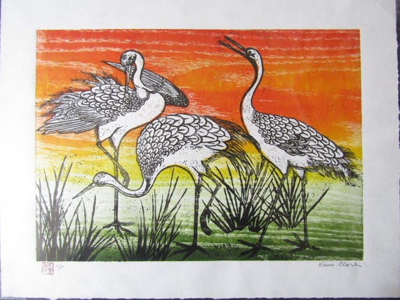 Cranes Tsuru Sagi Original Hand Carved Woodcut Woodblock Print