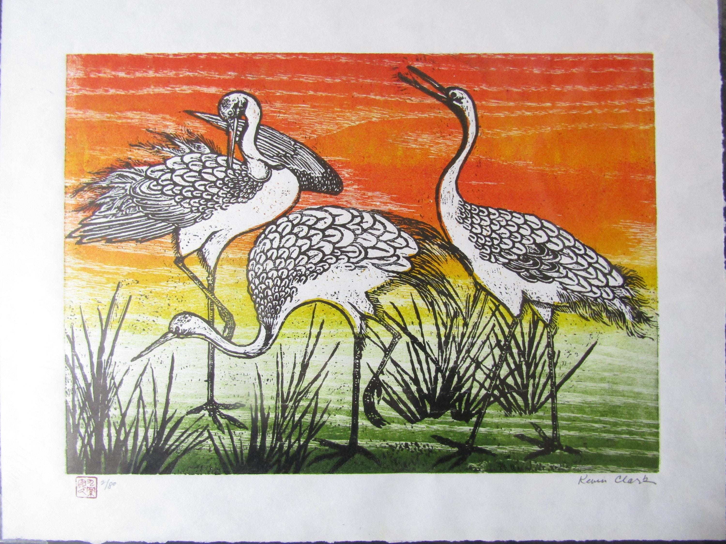 Cranes Tsuru Sagi Original Hand Carved Woodcut Woodblock Print