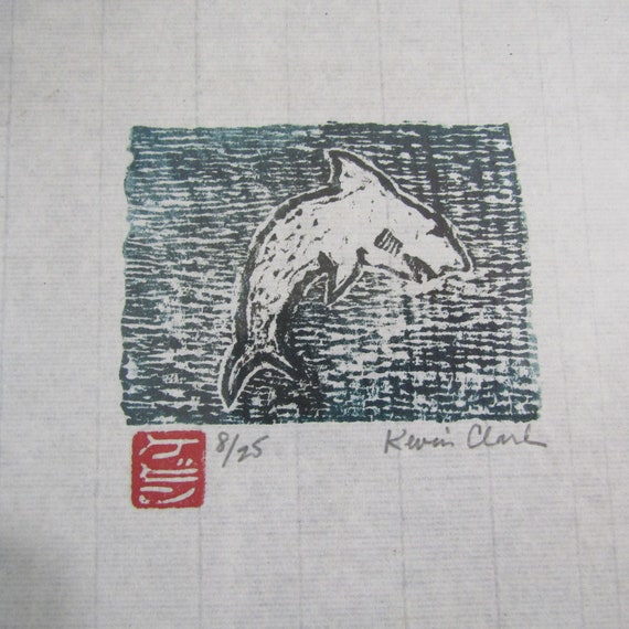 Shark Fish Jump Ocean Sea Hand Carved Woodblock Print Japanese
