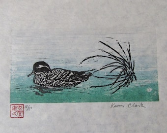duck pond grass hand carved woodcut woodblock print Japanese Moku Hanga washi signed Clark