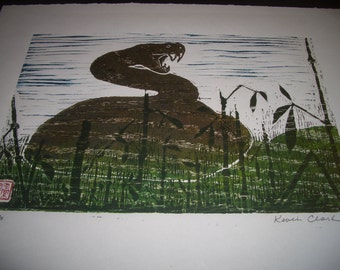 Snake Viper Habu hand carved woodblock print Japanese washi paper signed Kevin Clark