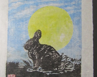Rabbit Moon, Bunny Hare hand carved woodblock print Japanese washi paper signed Kevin Clark