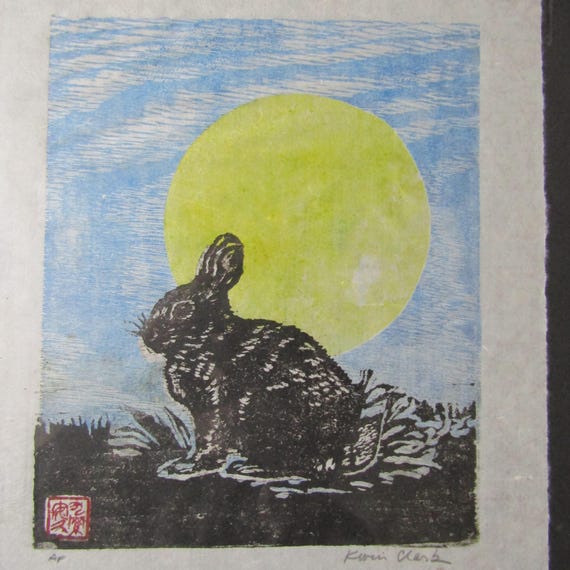 Rabbit Moon, Bunny Hare Hand Carved Woodblock Print Japanese Washi