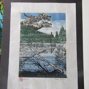 Kaiju Mountain River X Monster godzilla-like original hand carved woodblock print Moku Hanga Japanese washi paper signed Clark