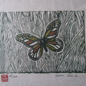 Grass Butterfly hand carved woodblock print Japanese washi paper signed Kevin Clark